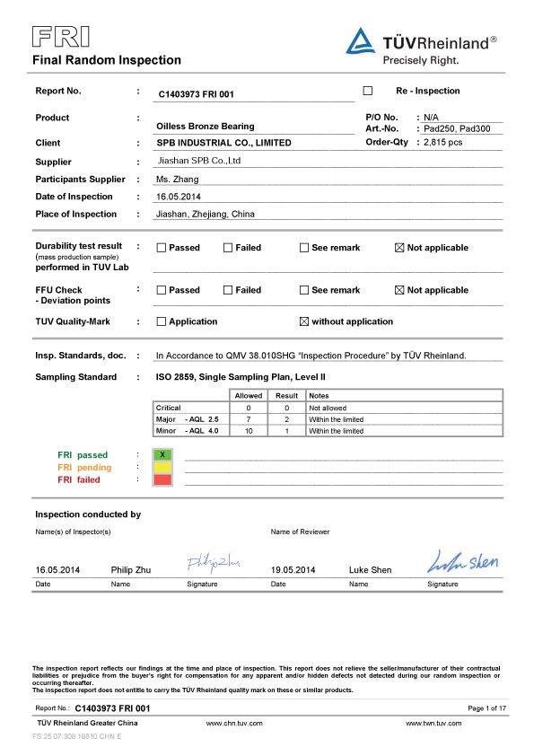 tuv FRI for slide bearings